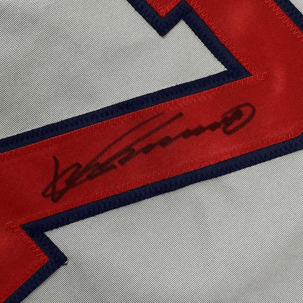 Framed Autographed/Signed Vladimir Vlad Guerrero 35x39 Los Angeles LA Anaheim Grey Baseball Jersey JSA COA