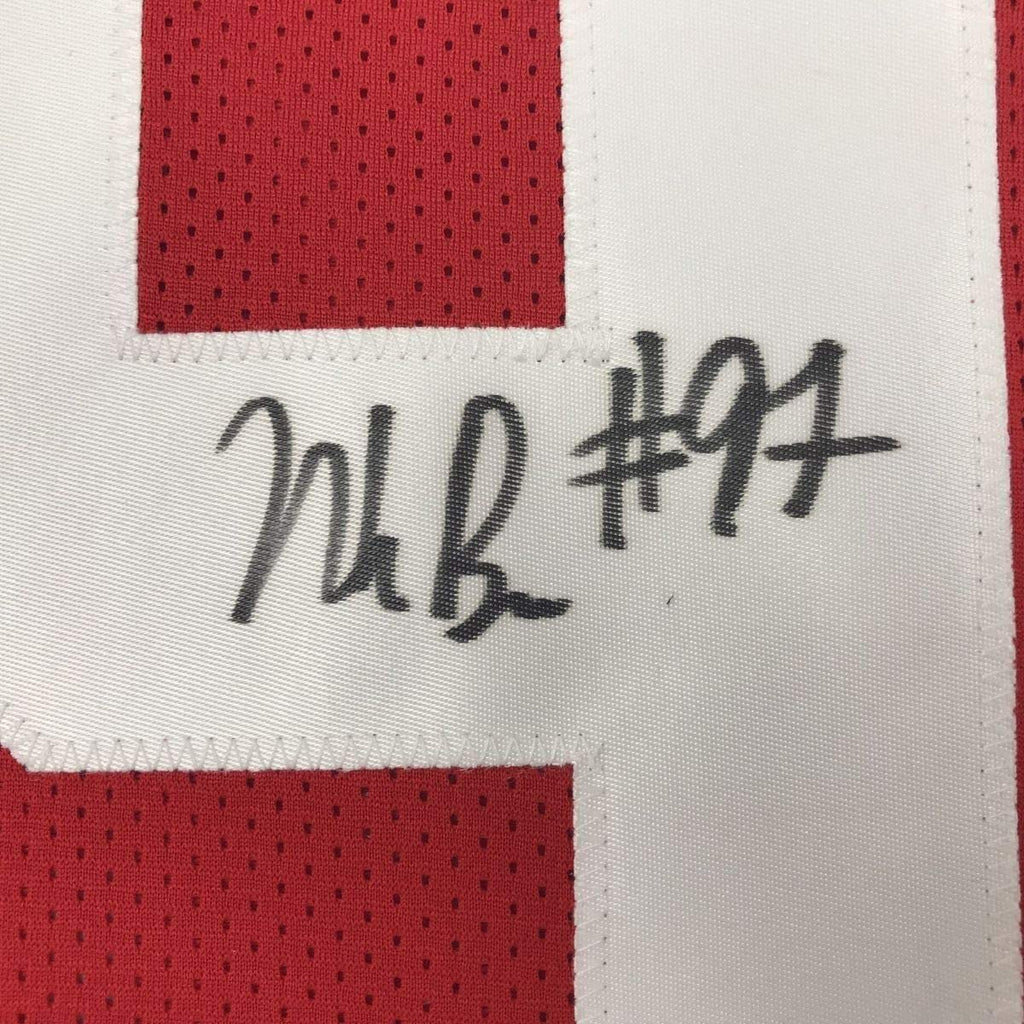 Framed Autographed/Signed Nick Bosa 35x39 Ohio State Red College Football Jersey JSA COA