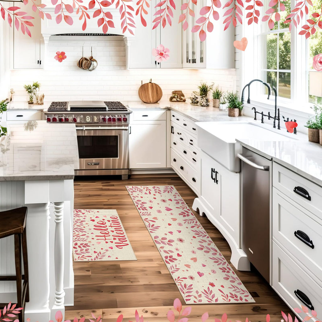 Pickmesh Valentine Kitchen Mats 2 Pc Non-Slip Love Heart Pink 17x29 & 17x47