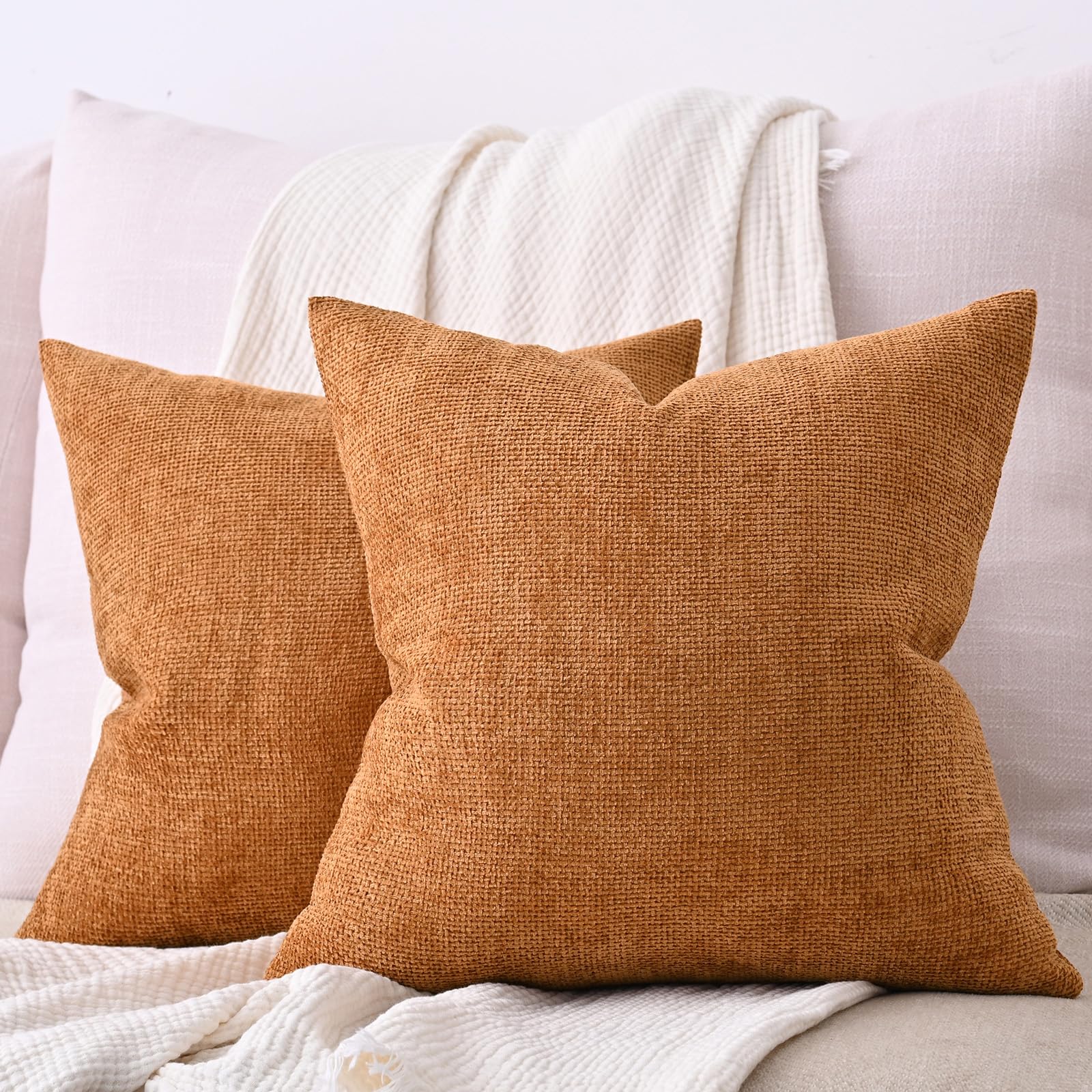 Cozoomy Chenille Linen Throw Pillow Covers 12x20 Inch Rustic Bronze Set of 2