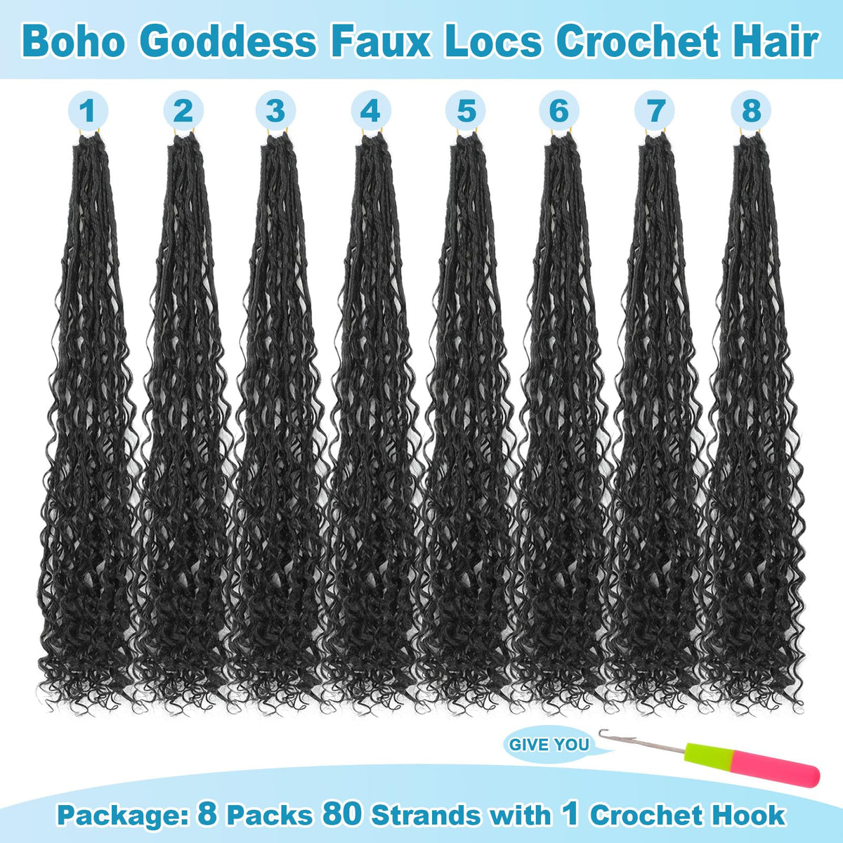 IIFLYDSFA 14-Inch Boho Goddess Faux Locs Crochet Hair, 8 Packs, 1B