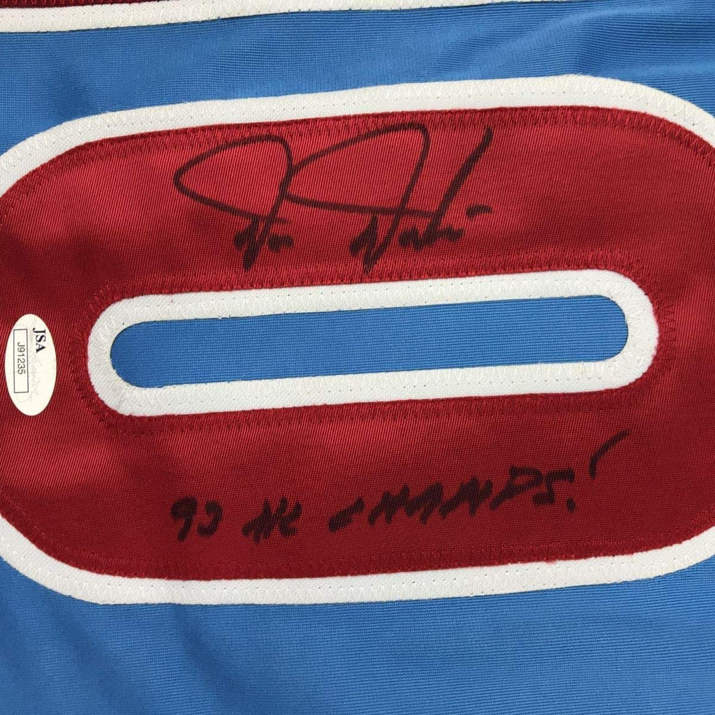 Framed Autographed/Signed Darren Daulton 35x39 Philadelphia Retro Blue Baseball Jersey JSA COA