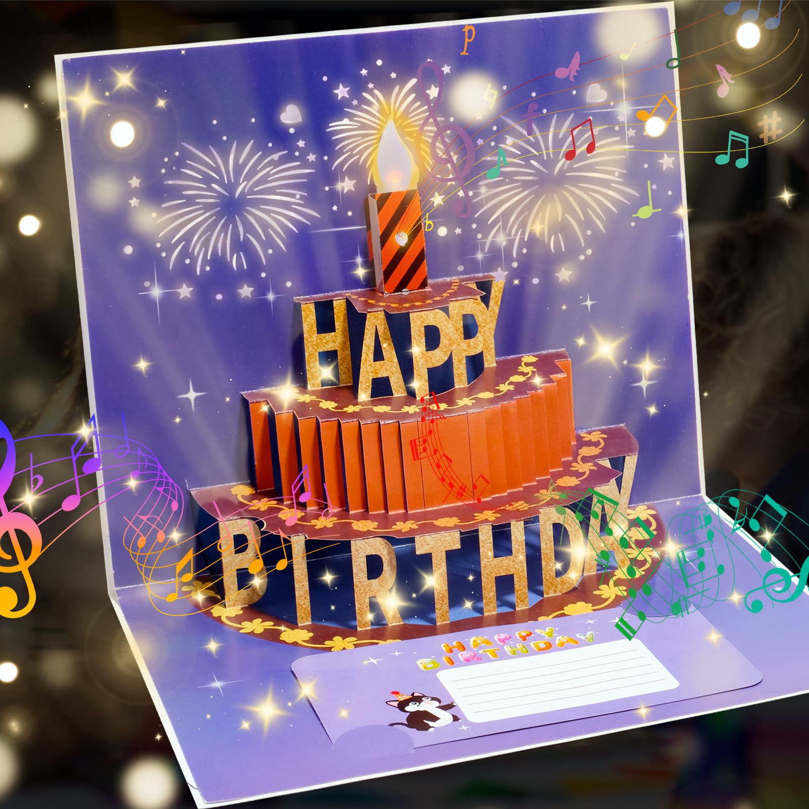 CANREVEL 3D Pop Up Fireworks Birthday Card LED Music Orange Cake Color