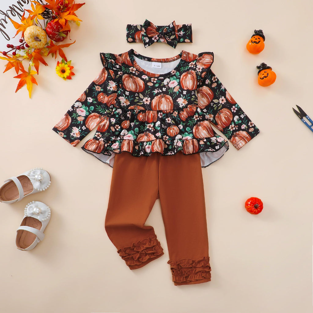 Kislio Toddler Girls Pumpkin Ghost Shirt Ruffle Pants Set 3PCS orange 12-18M