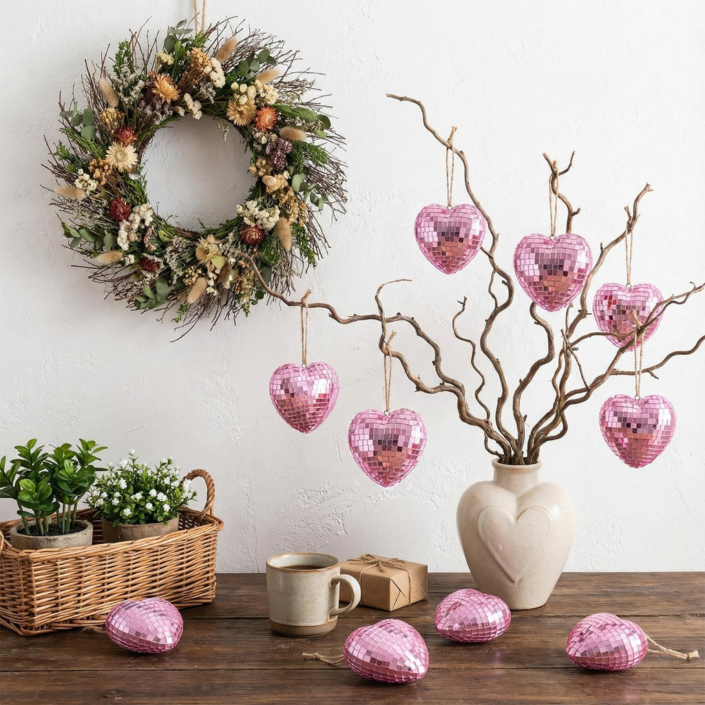 Mindsoft 8.2 ft Valentine's Day Pink Disco Heart Garland Farmhouse Heart Hanging Ornaments Mirror Disco Ball Modern Valentine's Day Decorations Gifts for Bride Shower Wedding Anniversary Party Favors