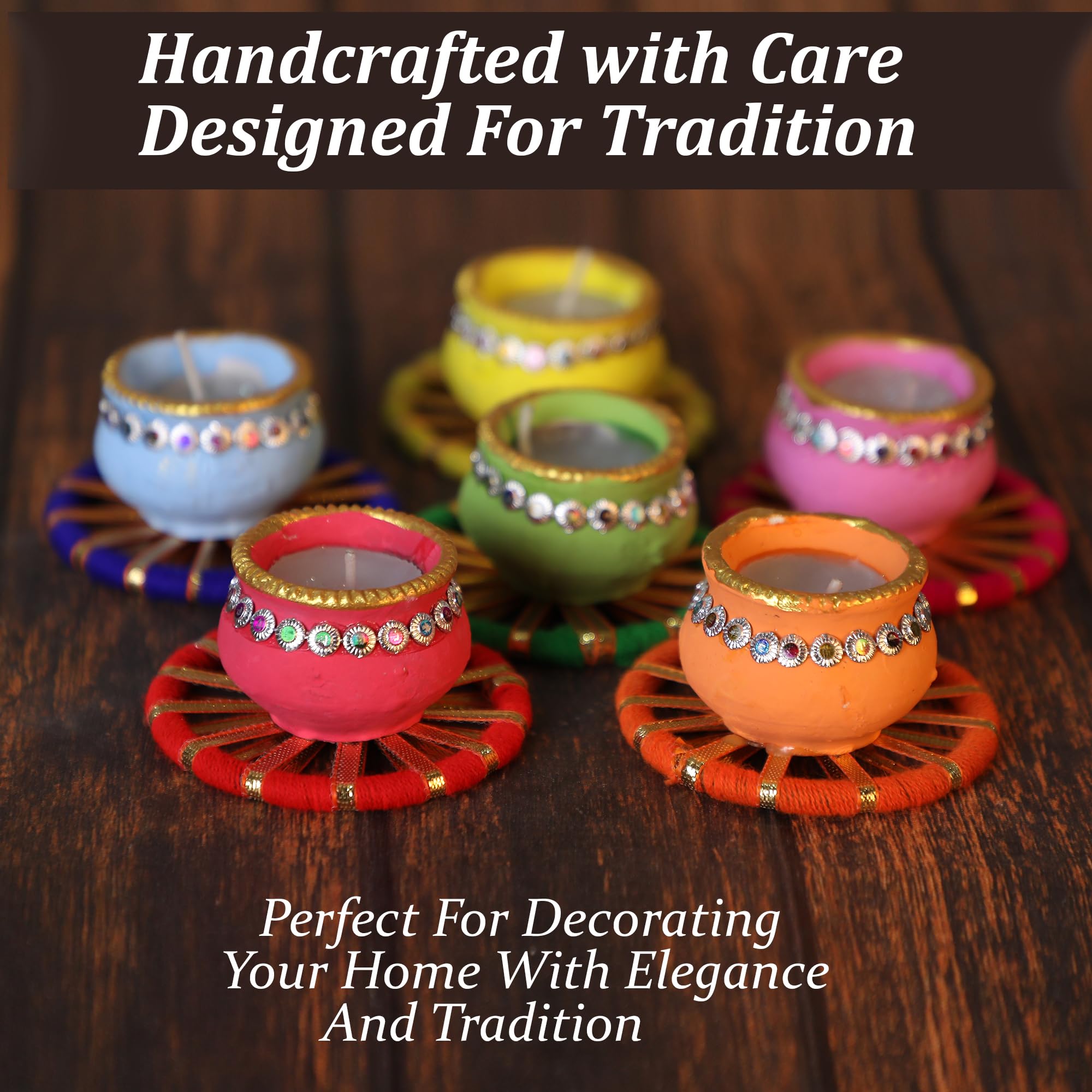 4OUR FAITH Matki Wax Filled Diya Set Handpainted Terracotta 6 Pc Multicolor