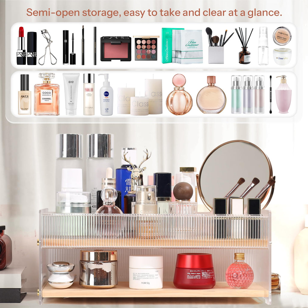 KAOTGOT Pine Wood Acrylic Makeup Organizer with Brush & Lipstick Holder