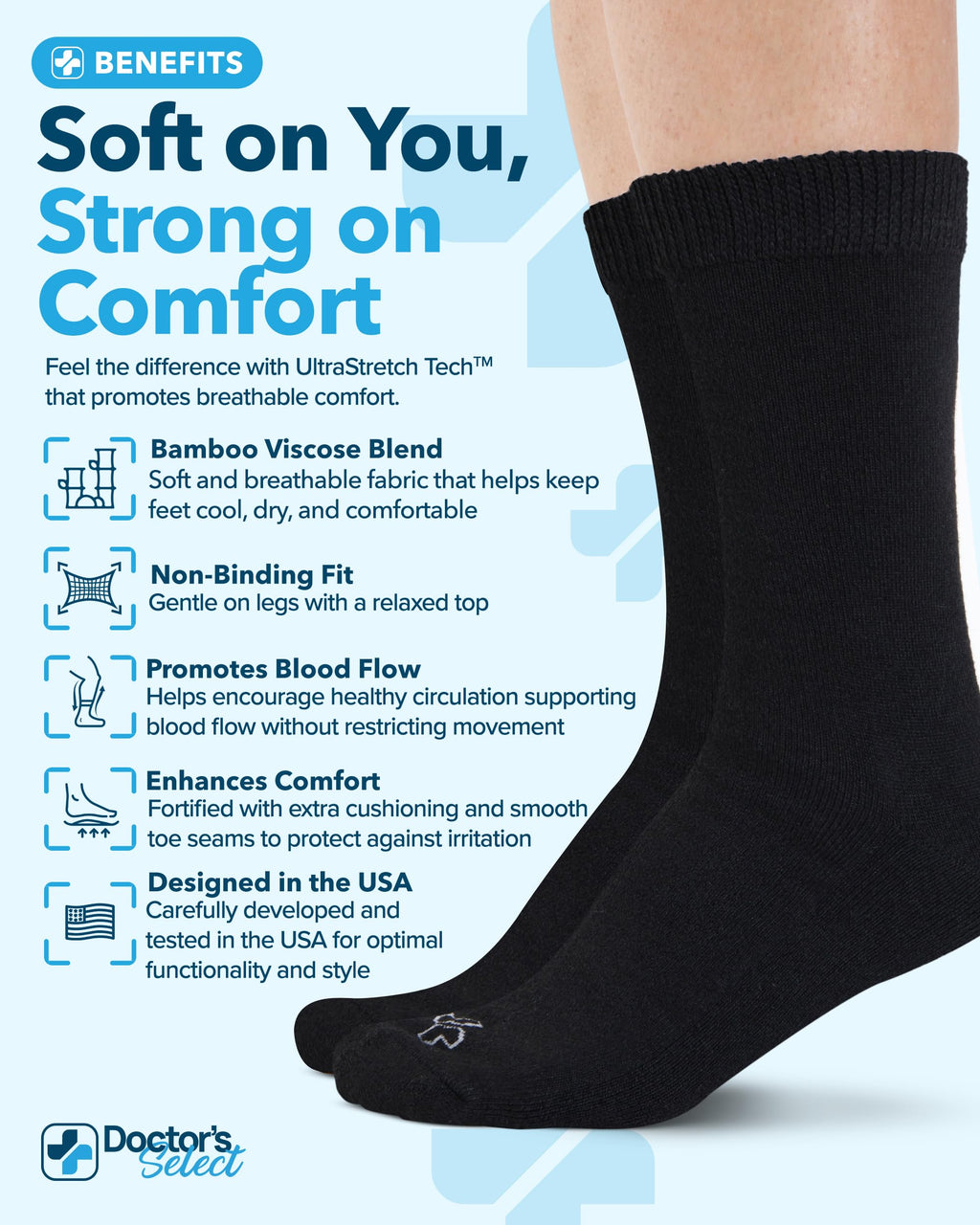 Doctor's Select Diabetic Socks for Women - 6 Pairs Knit Womens Diabetic Socks for Swollen Feet, Bamboo Viscose, Non-Binding Top LXL-6Wht