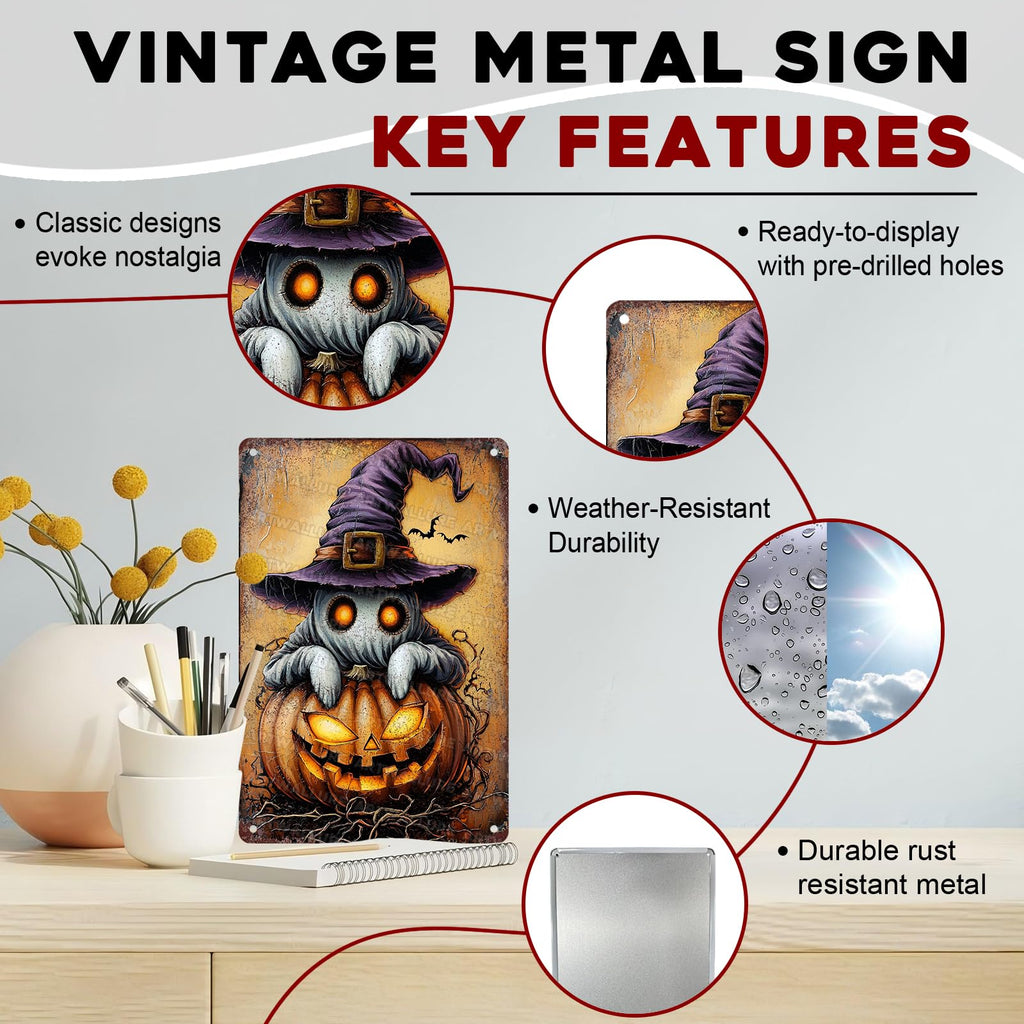 ARTWALLURE Halloween Pumpkin Ghost Vintage Metal Tin Sign 8x12 inch