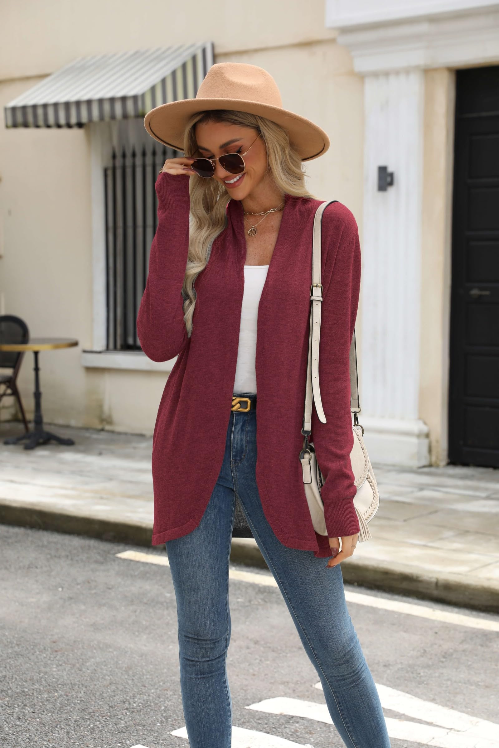 Vanfany Womens Lightweight Open Front Cardigan Knit Burgundy Size XL