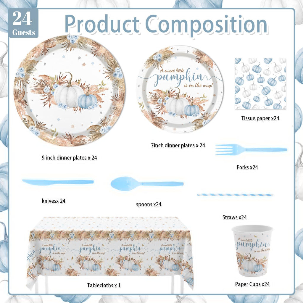 MEHOFOND Blue Pumpkin Baby Shower Party Supplies 193 Pcs Tableware Set
