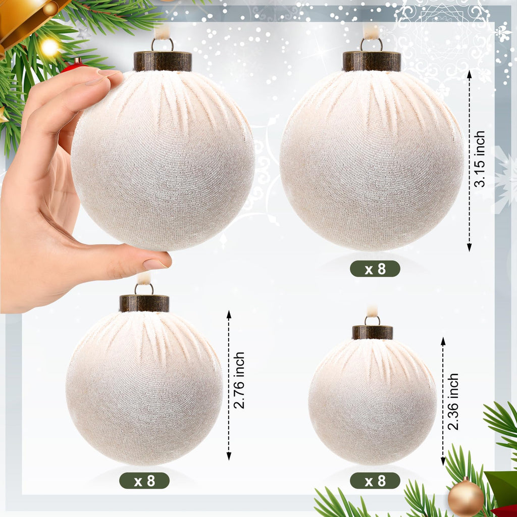 HyDren 24Pcs Beige Velvet Shatterproof Christmas Ornaments Balls 3.15,2.76,2.36"