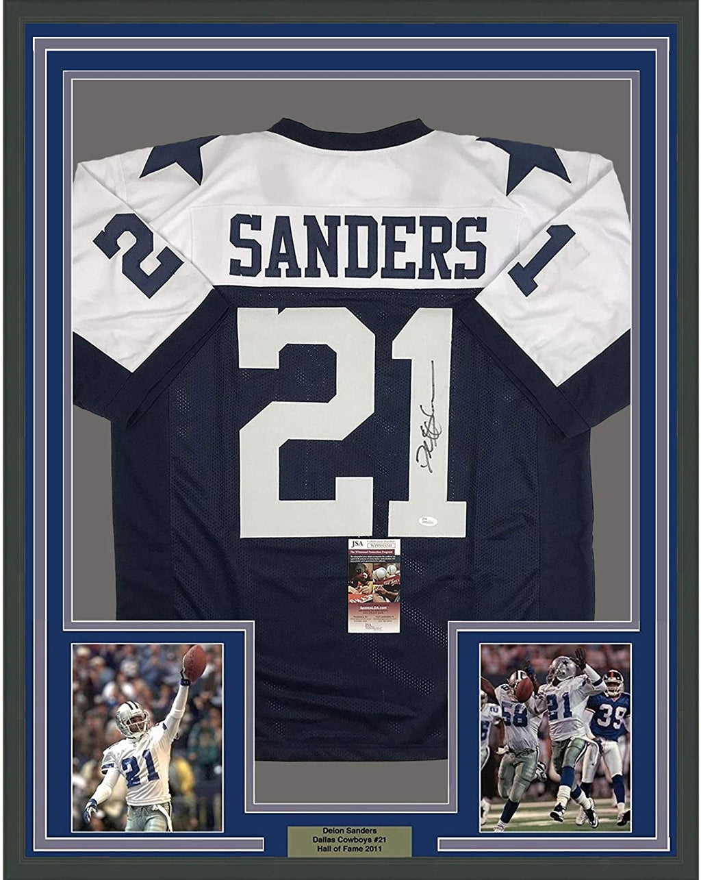 Framed Autographed/Signed Deion Sanders 35x39 Dallas Thanksgiving Day Football Jersey JSA COA