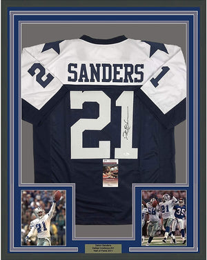 Framed Autographed/Signed Deion Sanders 35x39 Dallas Thanksgiving Day Football Jersey JSA COA