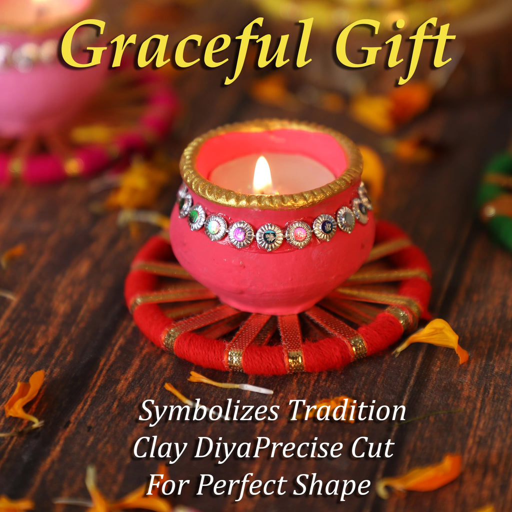 4OUR FAITH Matki Wax Filled Diya Set Handpainted Terracotta 6 Pc Multicolor