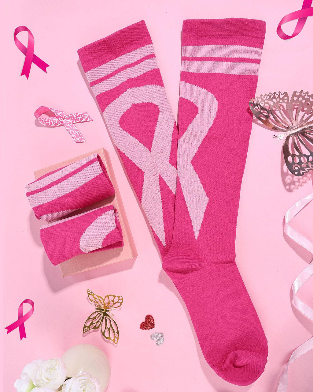 Subesty 2 Pairs Breast Cancer Awareness Compression Socks Pink Ribbon Size S/M