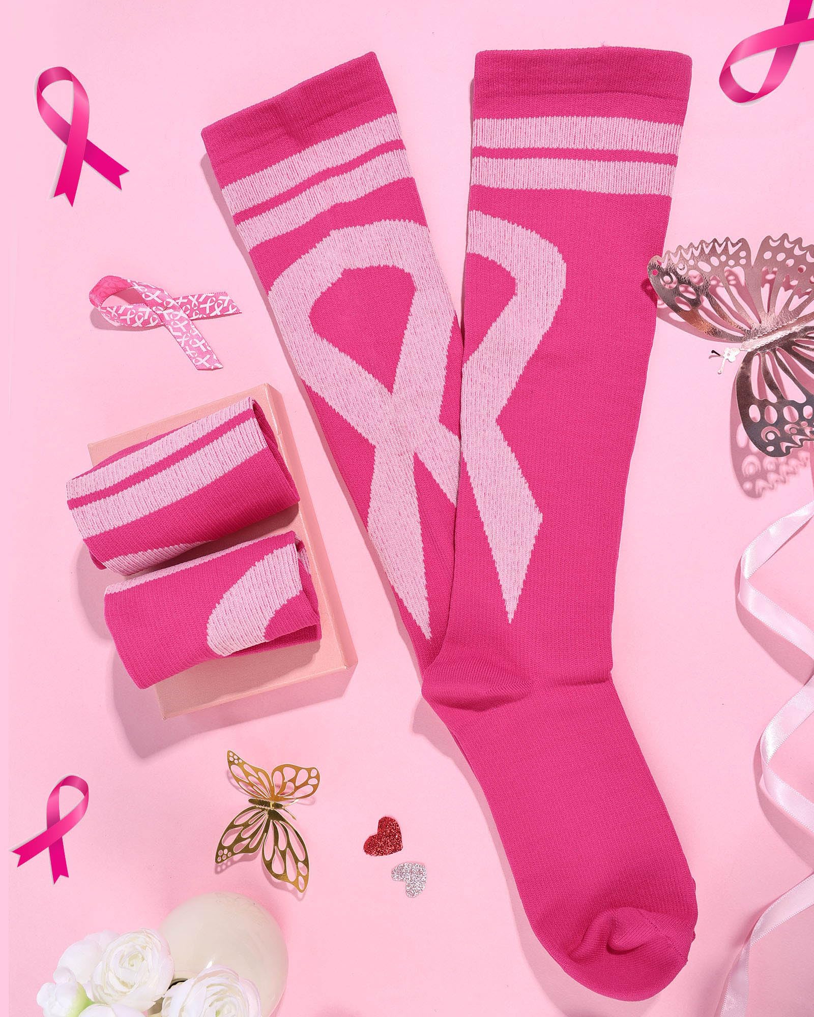 Subesty 2 Pairs Breast Cancer Awareness Compression Socks Pink Ribbon Size S/M