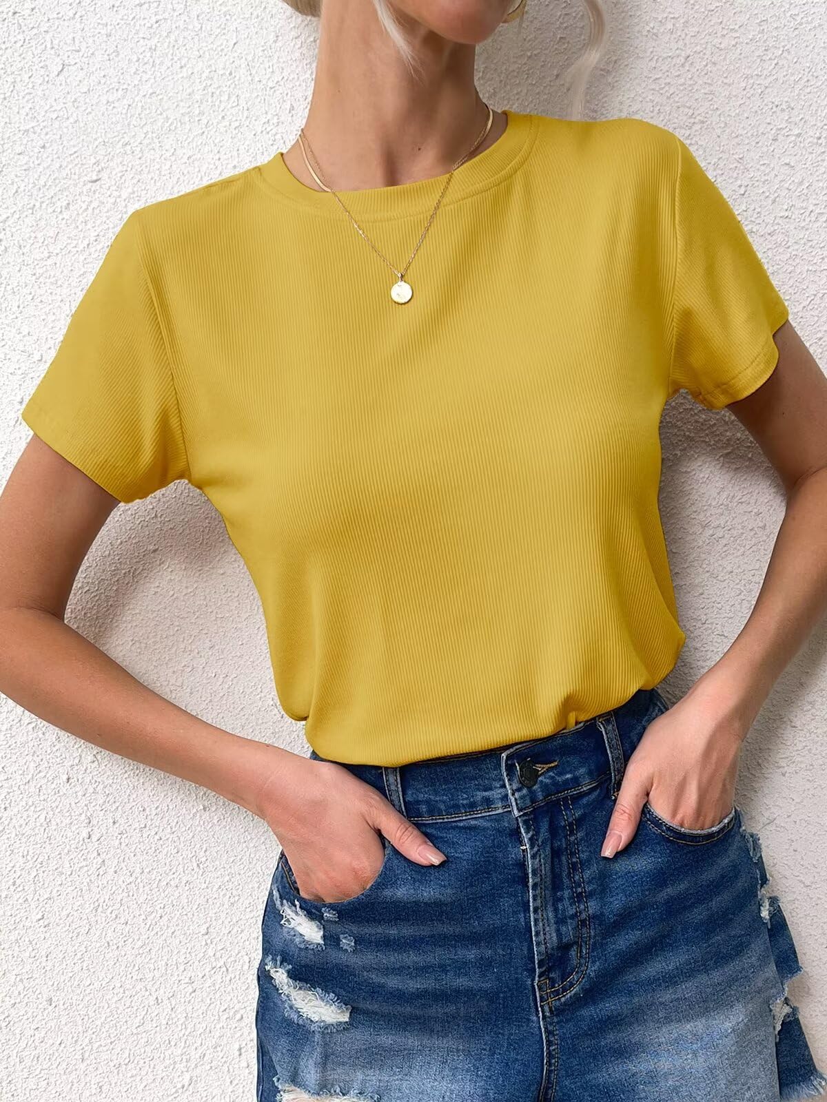 Ridshy Women's Ribbed Crewneck Short Sleeve T-Shirt, Yellow, Size L