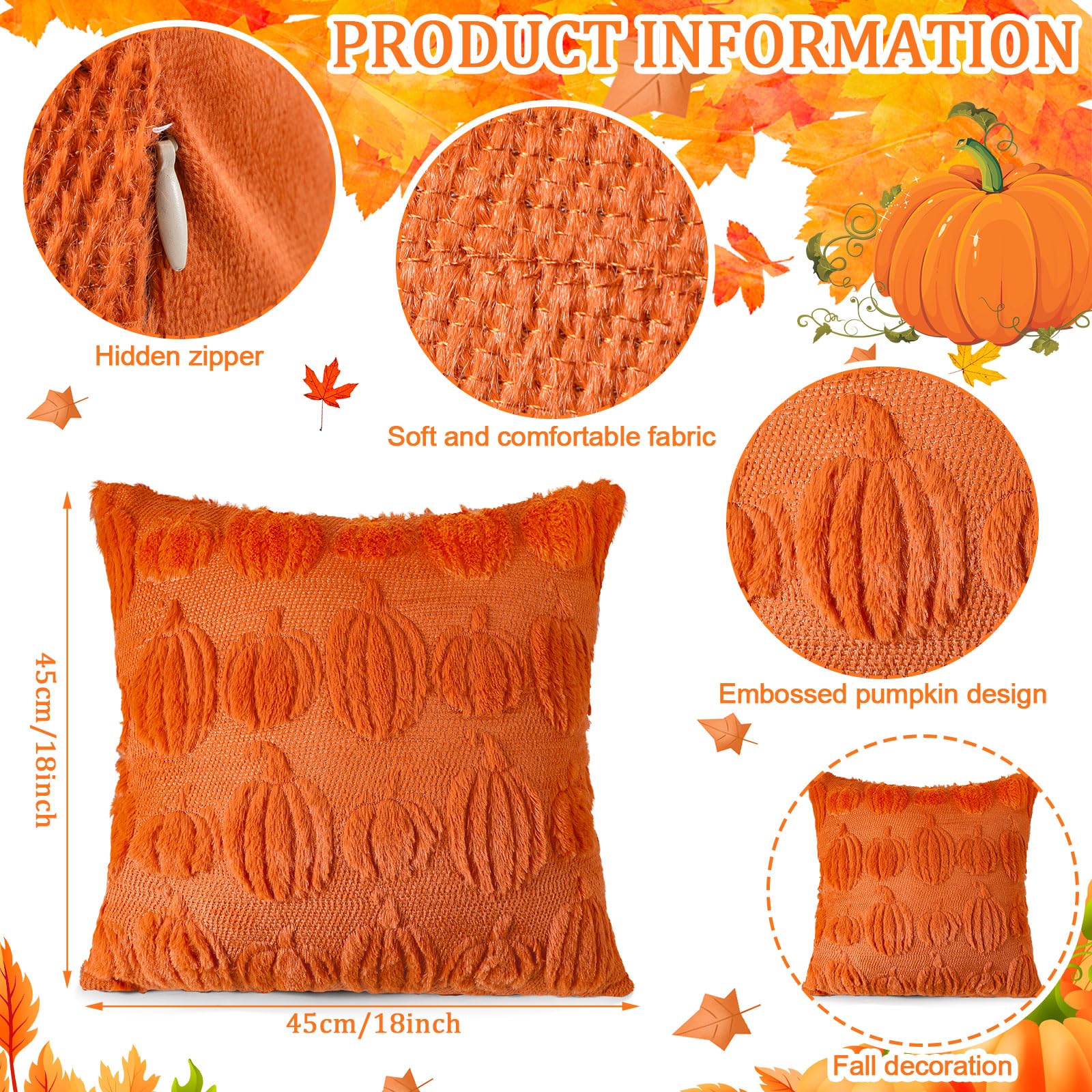 HunnmingRe 2 Pc Pumpkin Throw Pillow Covers 18x18 Orange Autumn Decor