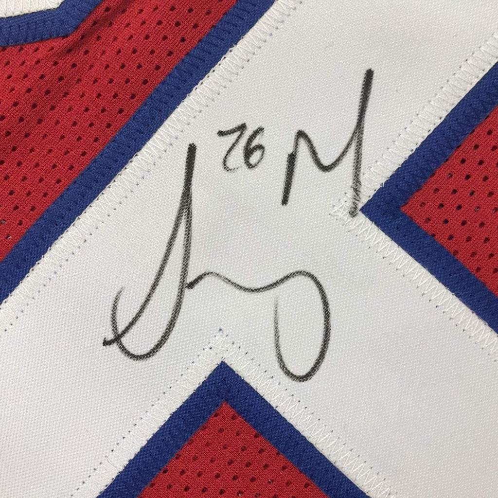Framed Autographed/Signed Sony Michel 35x39 New England Red Football Jersey JSA COA