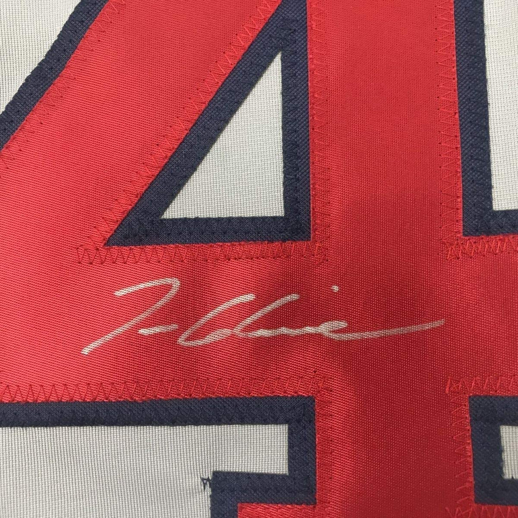 Framed Autographed/Signed Tom Glavine 35x39 Atlanta Grey Baseball Jersey JSA COA