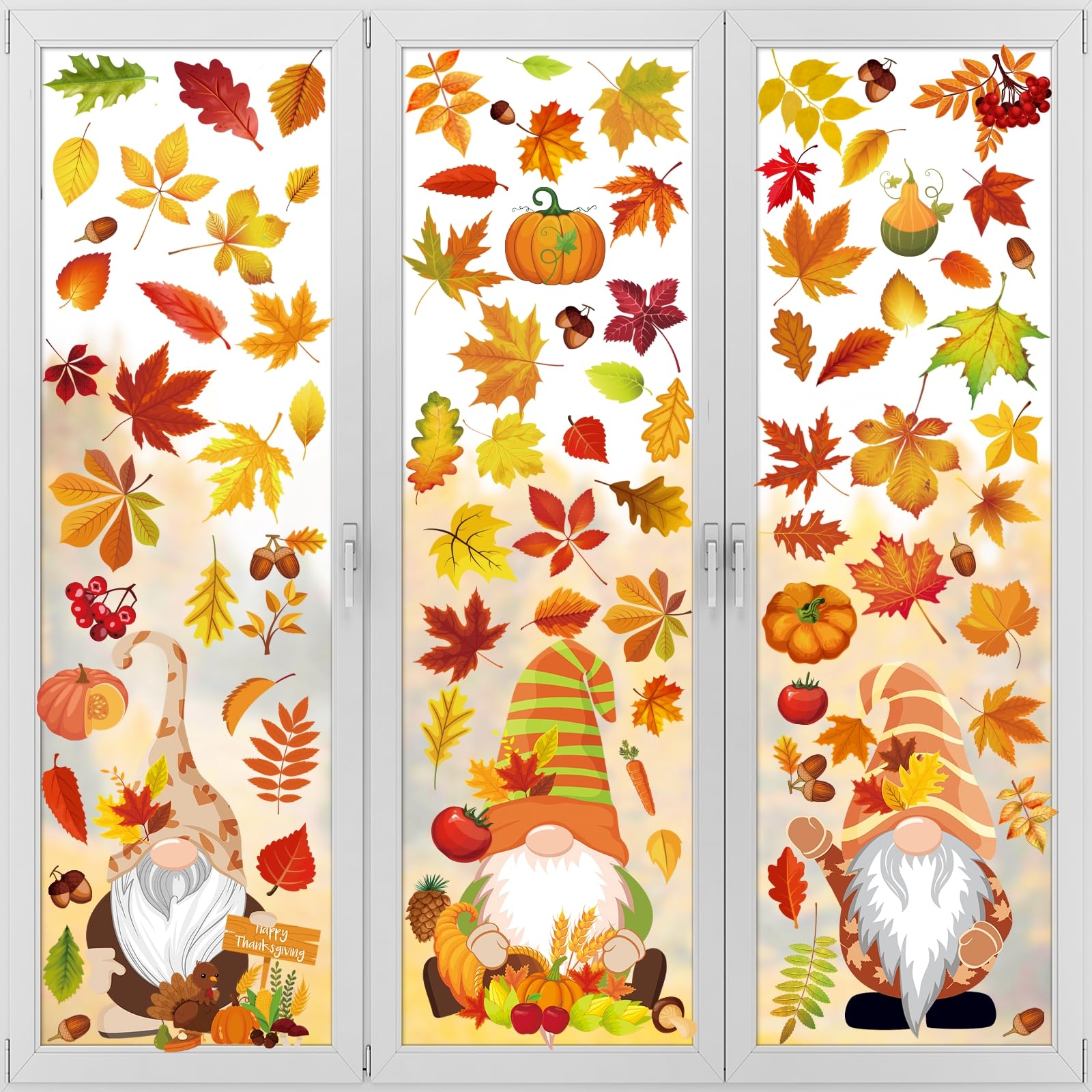 Pedel Fall Gnome Window Clings 93Pcs Thanksgiving Autumn Leaves Decals