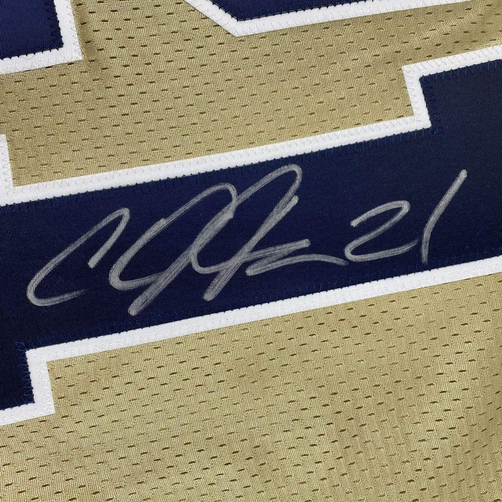 Framed Autographed/Signed Calvin Johnson 35x39 Georgia Tech Gold College Football Jersey Beckett BAS COA