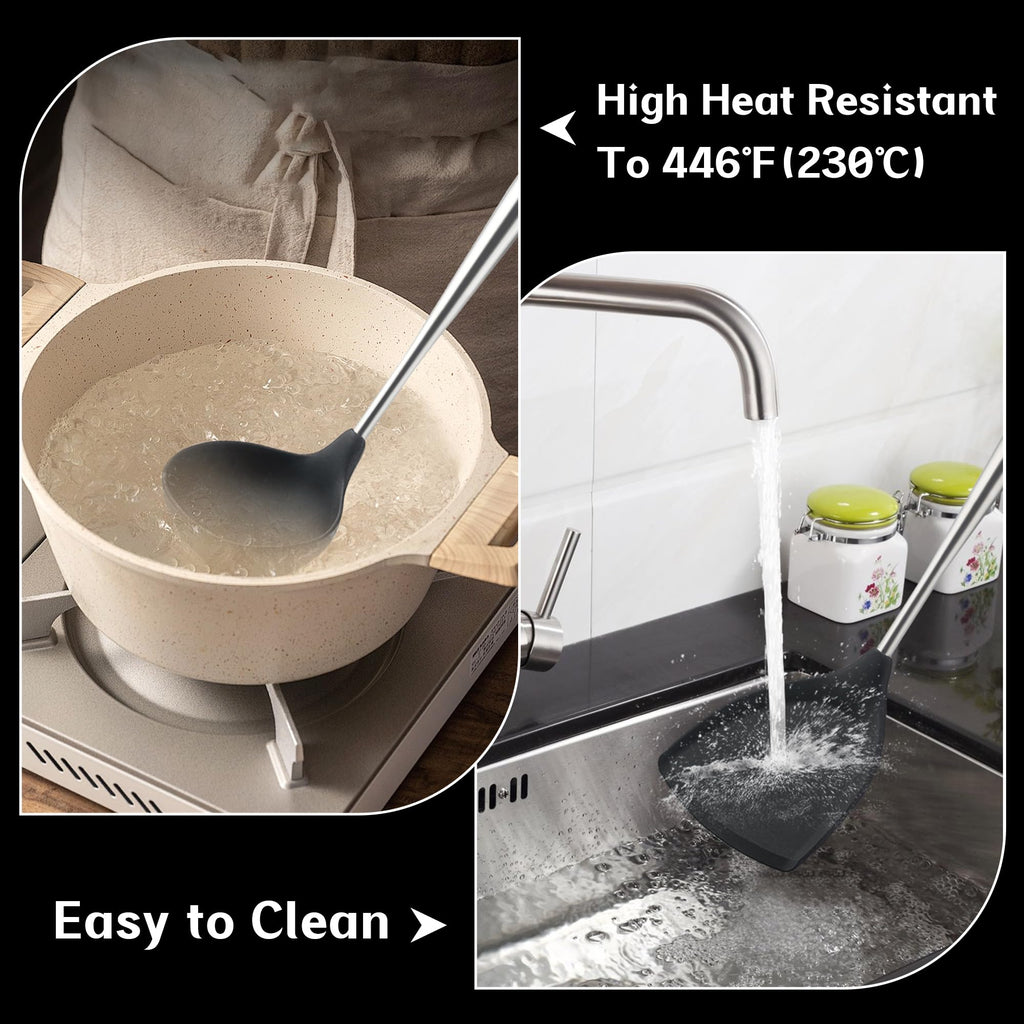 FJNATINH Silicone Spatula Turner Ladle Skimmer Set Stainless Steel Wood 4Pc
