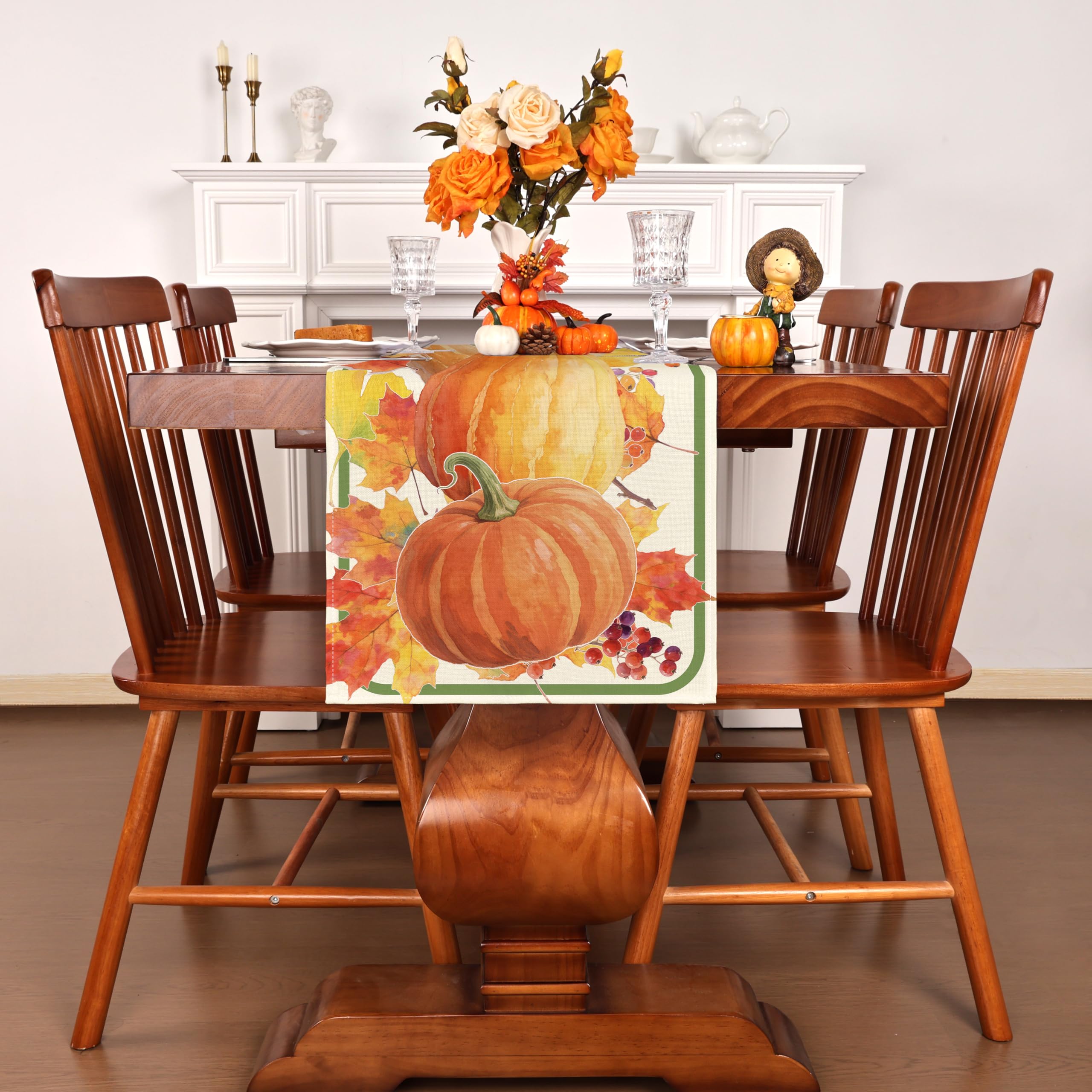 LULUXENIA Thanksgiving Table Runner Maple Leaves Pumpkin Fall Decor 13x72 Inch