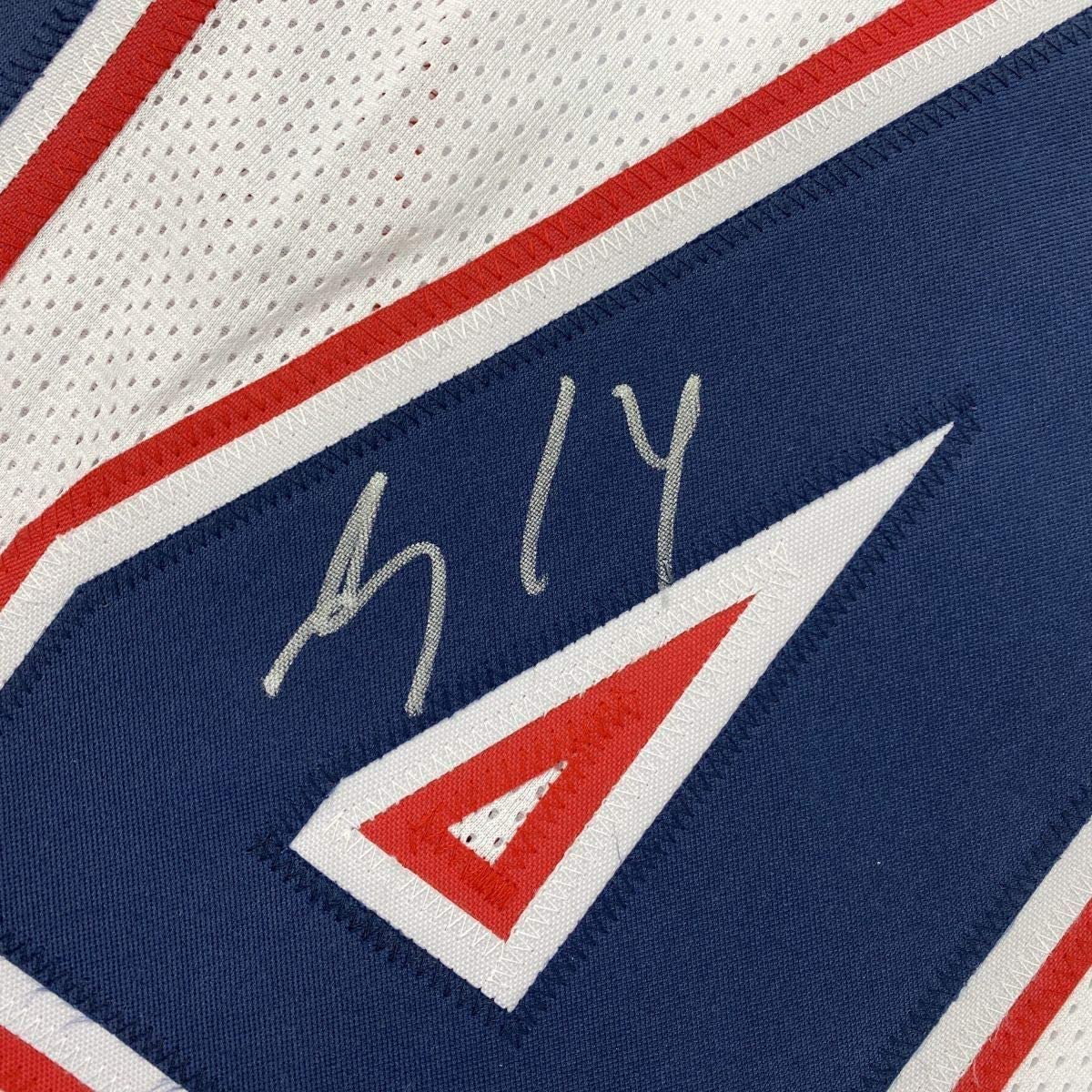 Framed Autographed/Signed Mohamed Sanu 35x39 New England White Football Jersey JSA COA