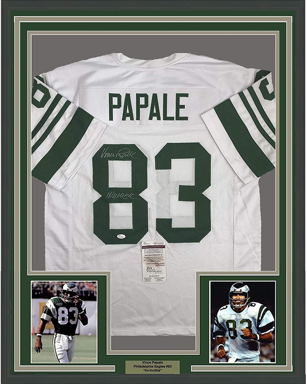 Framed Autographed/Signed Vince Papale Invincible  35x39 Philadelphia White Football Jersey JSA COA
