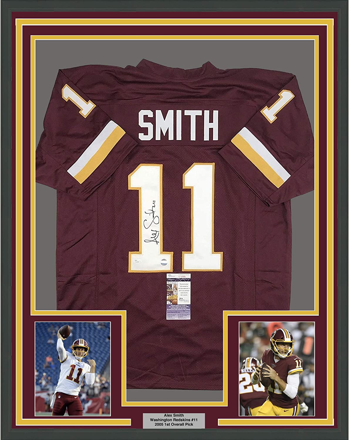 Framed Autographed/Signed Alex Smith 35x39 Washington Burgundy Football Jersey JSA COA