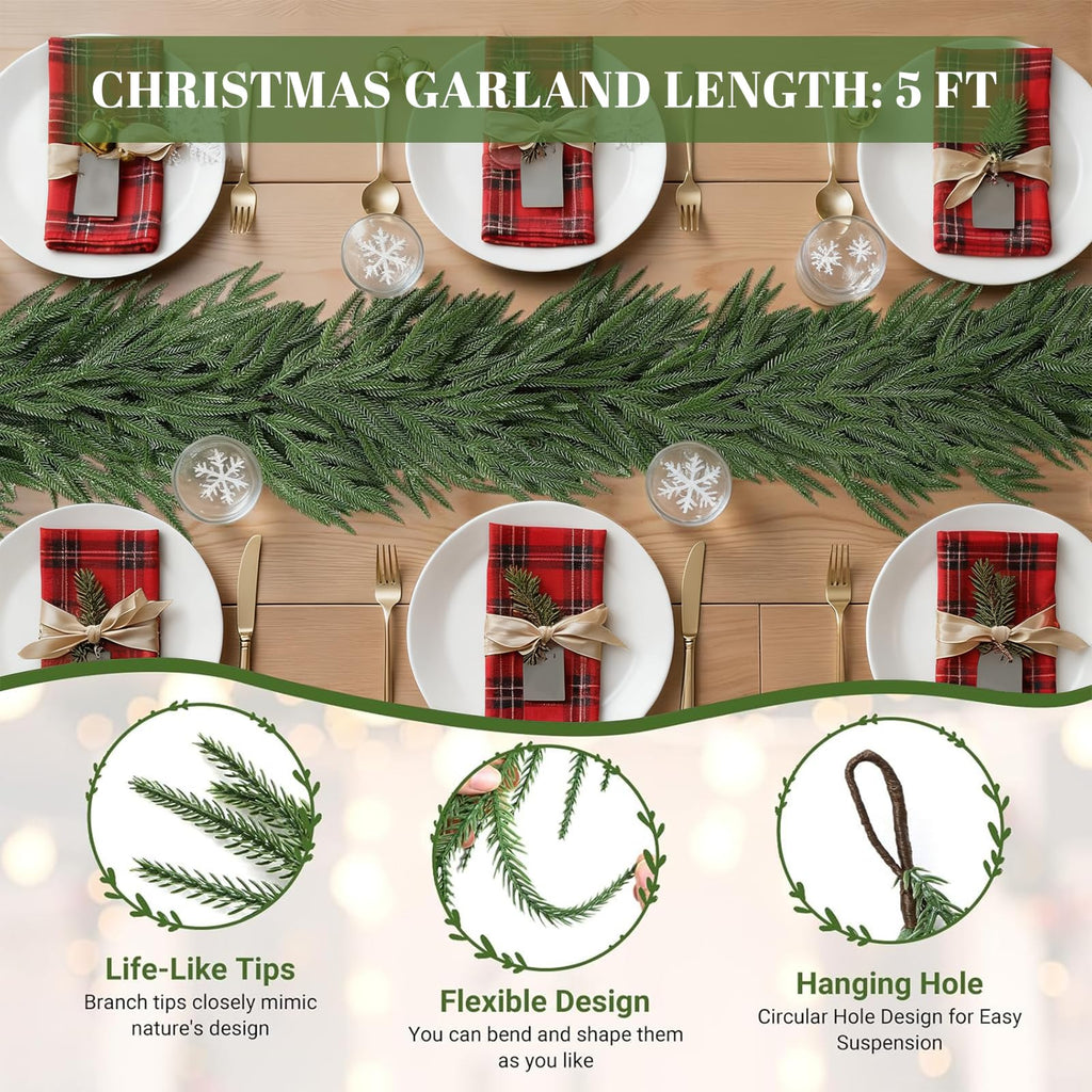 GDENZL 5FT Artificial Norfolk Pine Garland Green Faux Xmas Decor Size 5FT