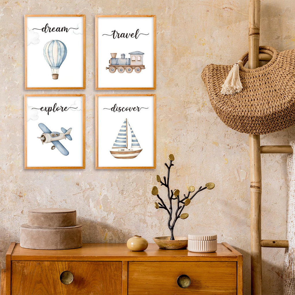 VIIJJUE Nursery Wall Art Set 4 Transportation Prints 8x10 Watercolor Blue