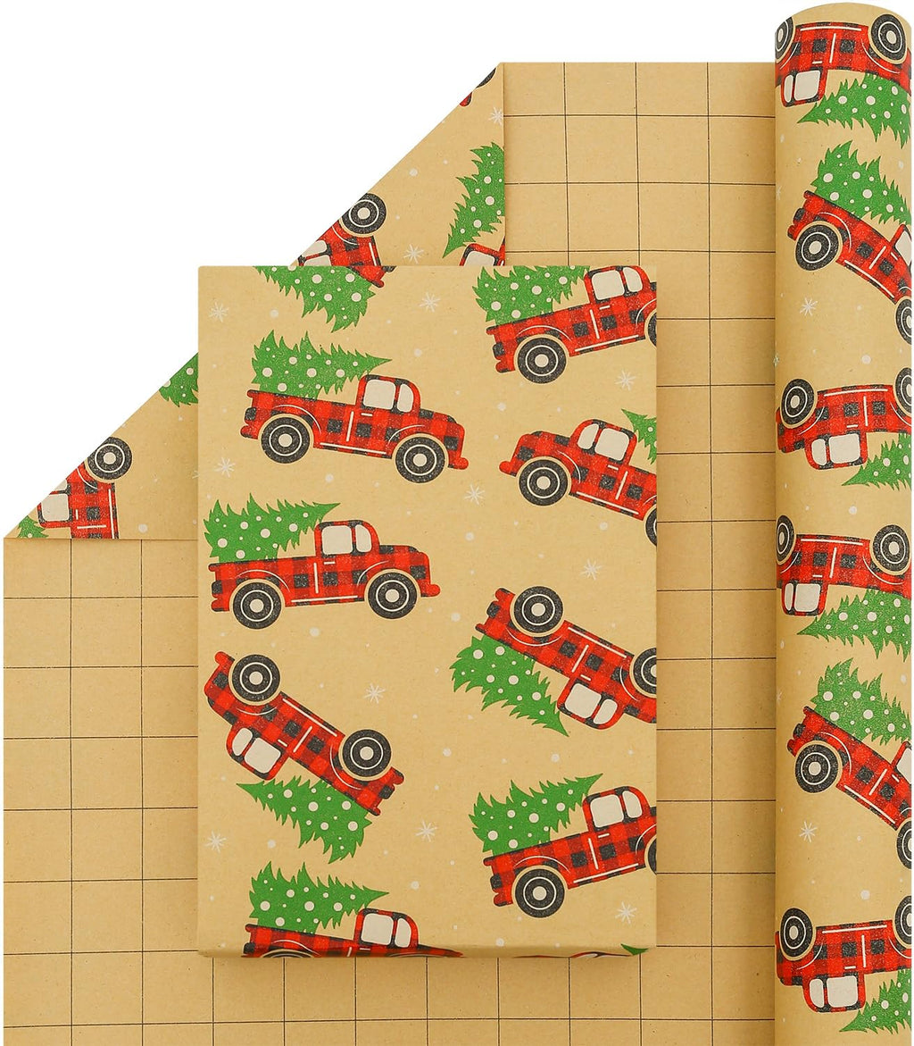 CAMKUZON Kraft Christmas Wrapping Paper Roll Vintage Red Black Plaid 17.4 Inch
