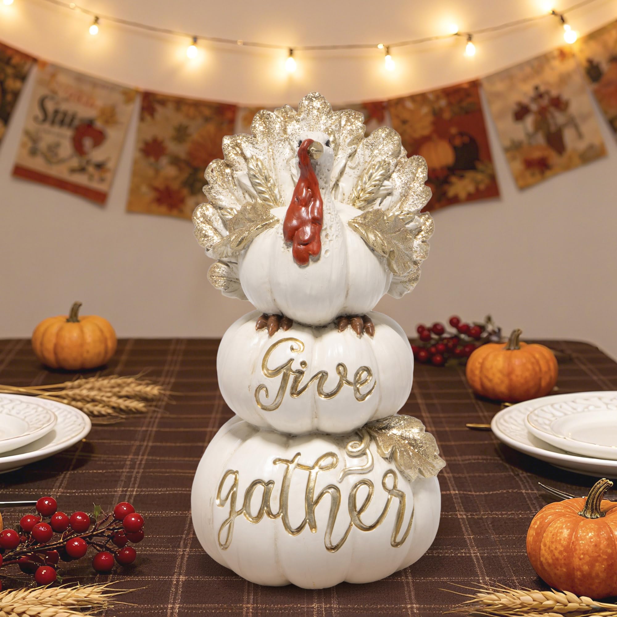 Hodao Thanksgiving Pumpkin Turkey Figurine 3 Stacked Pumpkins White Resin