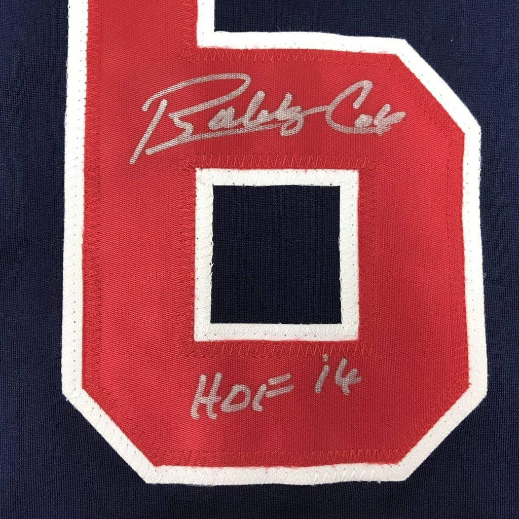 Framed Autographed/Signed Bobby Cox HOF 14 35x39 Atlanta Blue Baseball Jersey JSA COA