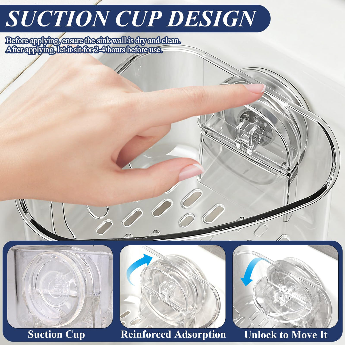Plman Sink Strainer Basket, Triangle Suction Cup Sink Corner Rack, New Upgraded Corner Sink Strainer with Drainage Hole, Punch-free Corner Sink Trash Catcher for Kitchen and Bathroom (Transparent)