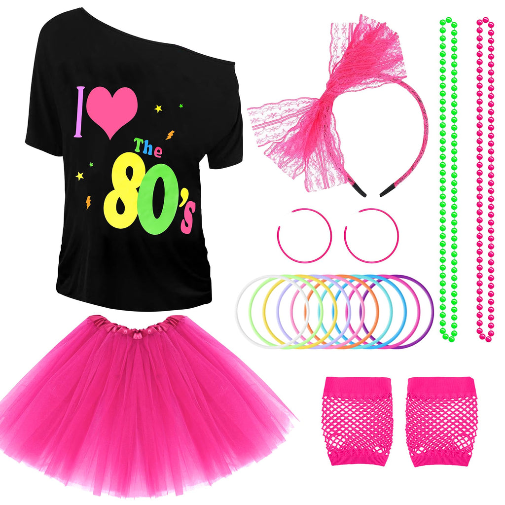 80s Outfit Costume Accessories for Women 1980s Outfits T Shirt Tutu Skirt Headband Bracelets Gloves for Theme Party Multicolor