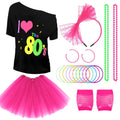 80s Outfit Costume Accessories for Women 1980s Outfits T Shirt Tutu Skirt Headband Bracelets Gloves for Theme Party Multicolor