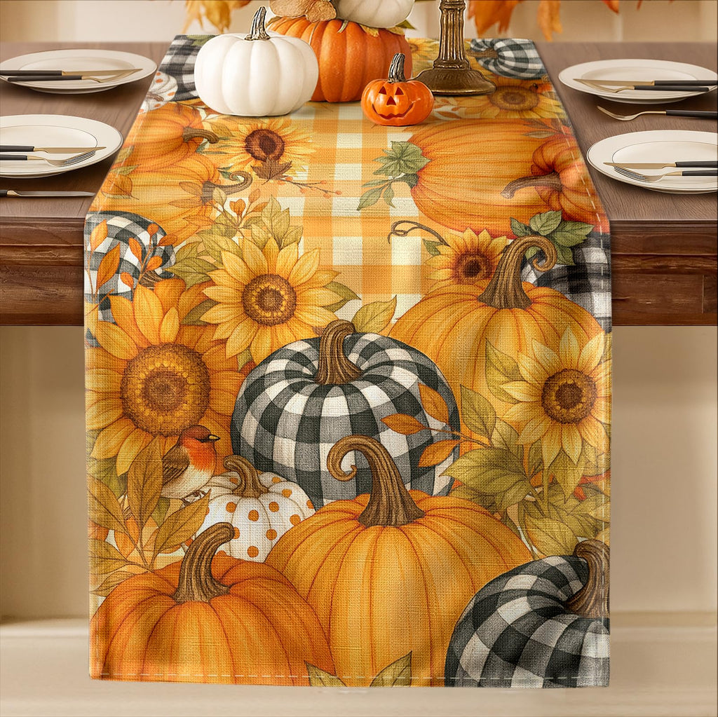 Miss Adola Pumpkin Plaid Fall Table Runner 13x72 Sunflower Decor