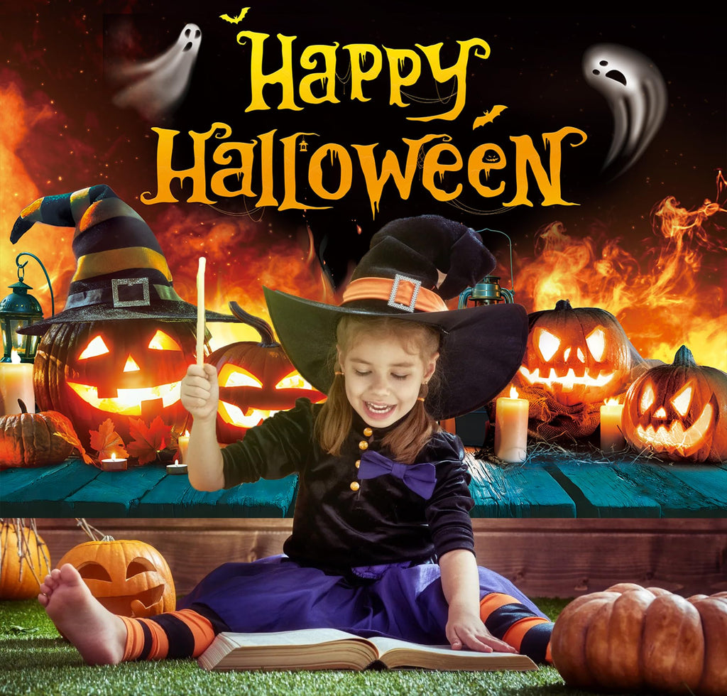 Happy Halloween Backdrop Ghost Pumpkin Flame Haunted House Party Banner 6x4FT