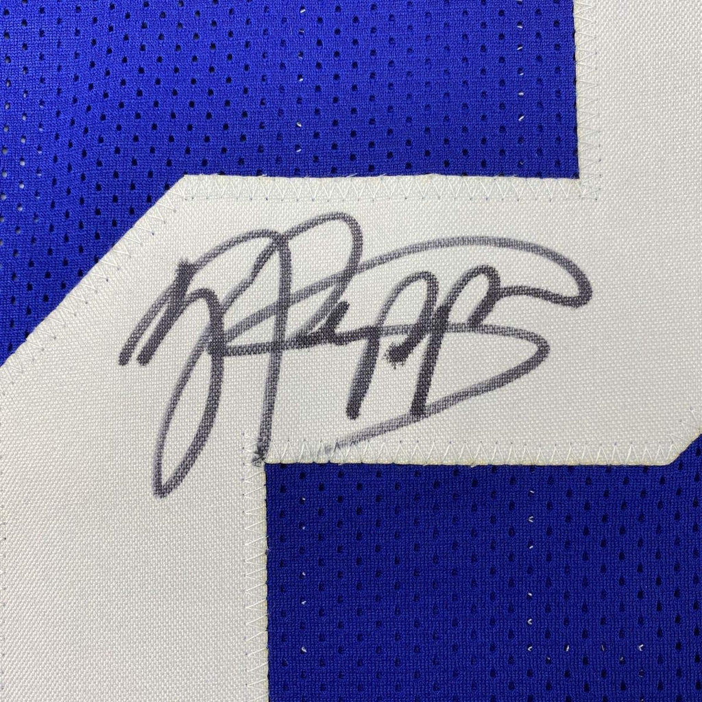 Framed Autographed/Signed Jabrill Peppers 35x39 New York Blue Football Jersey JSA COA
