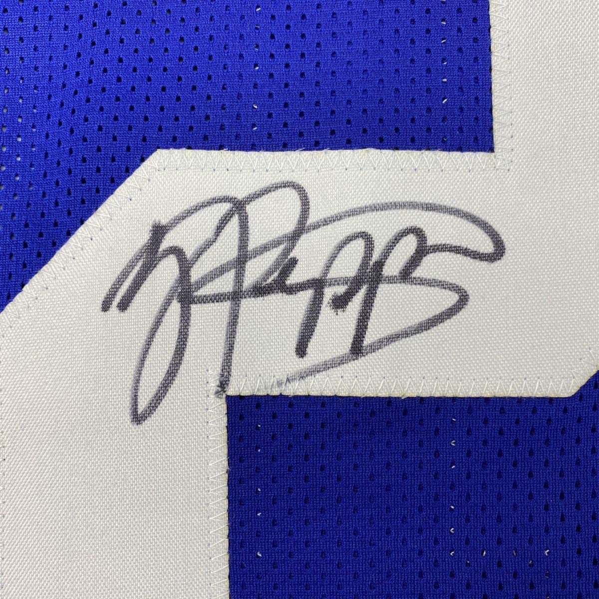 Framed Autographed/Signed Jabrill Peppers 35x39 New York Blue Football Jersey JSA COA