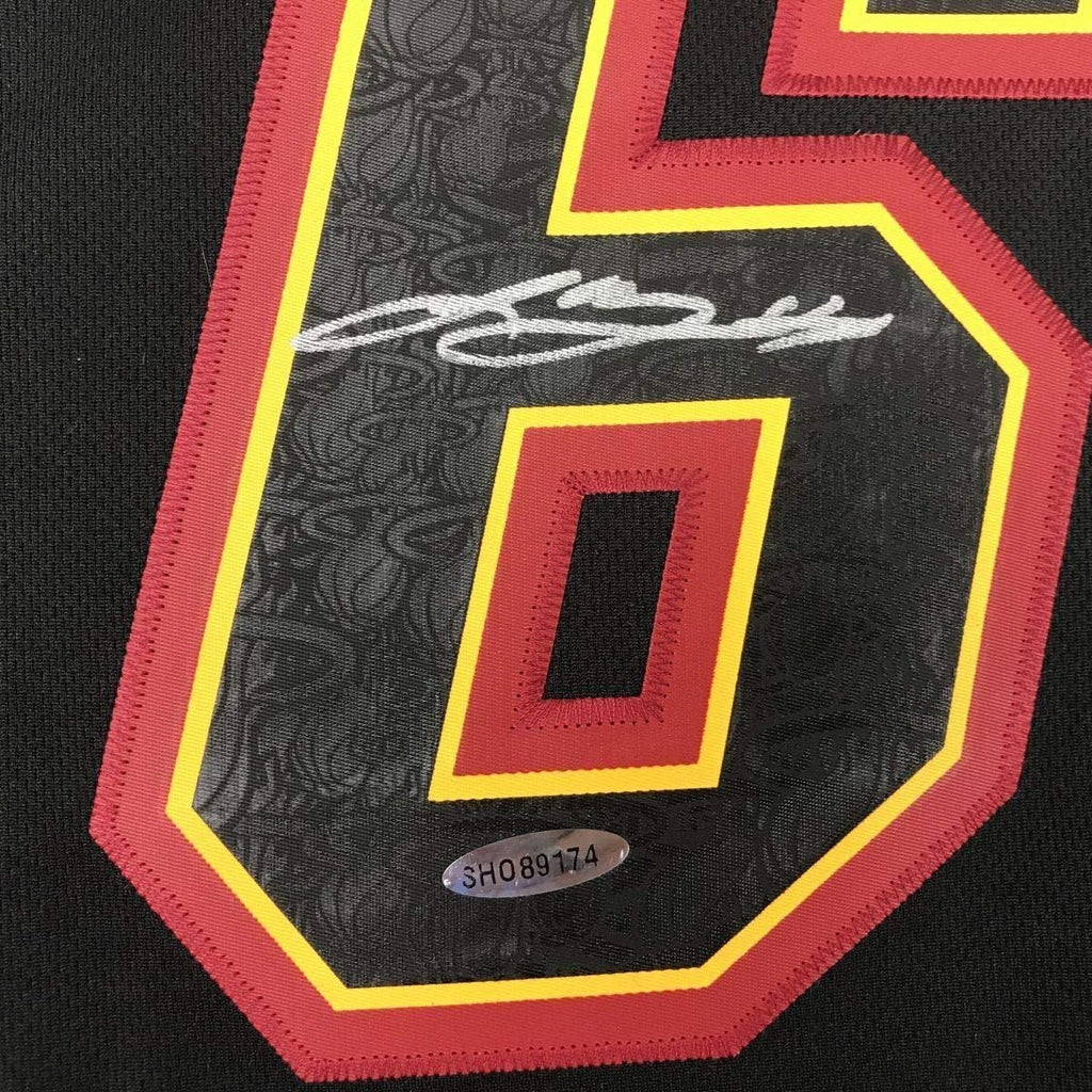 Framed Autographed/Signed LeBron James 35x39 Miami Heat Black Limited Edition Basketball Jersey Upper Deck UDA COA