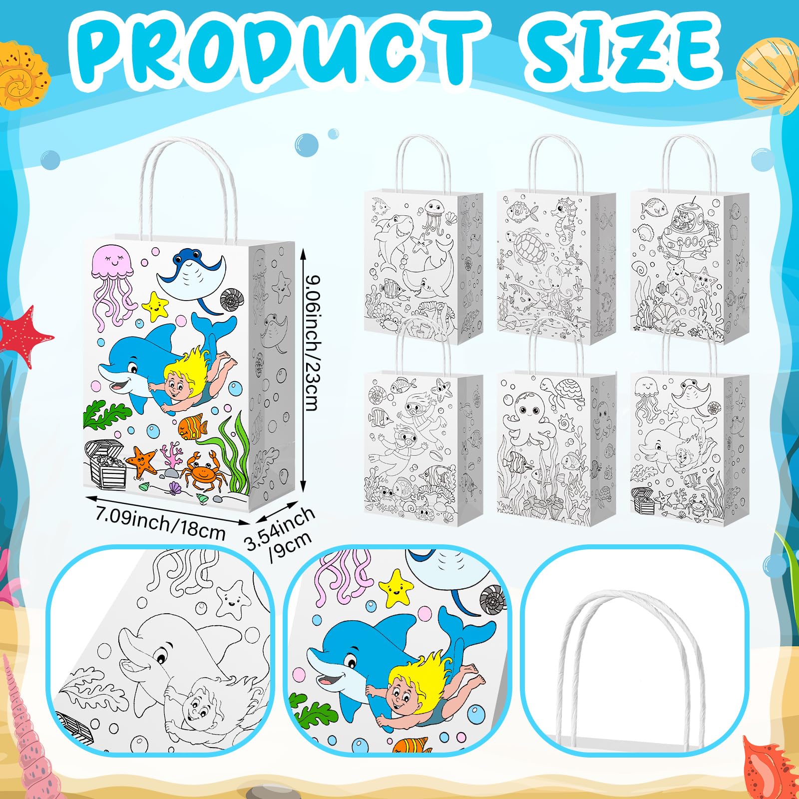 Yaomiao 24 Pcs Color Your Own Kraft Paper Tote Bags Sea Blue