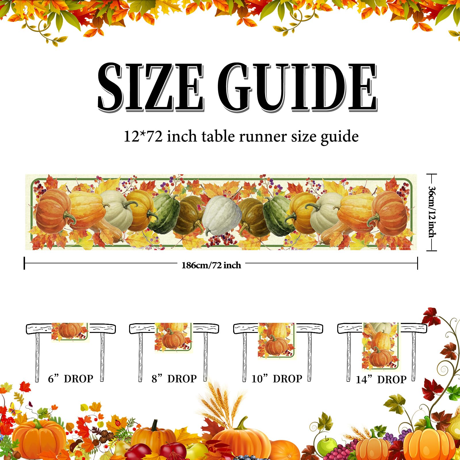LULUXENIA Thanksgiving Table Runner Maple Leaves Pumpkin Fall Decor 13x72 Inch