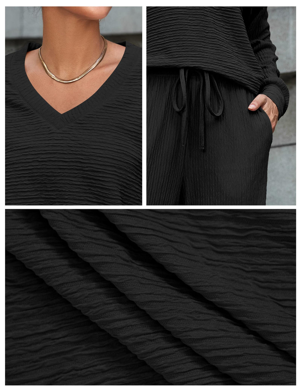 Amoretu Women's Lounge Set V Neck Top Wide Leg Drawstring Pants Black Size L