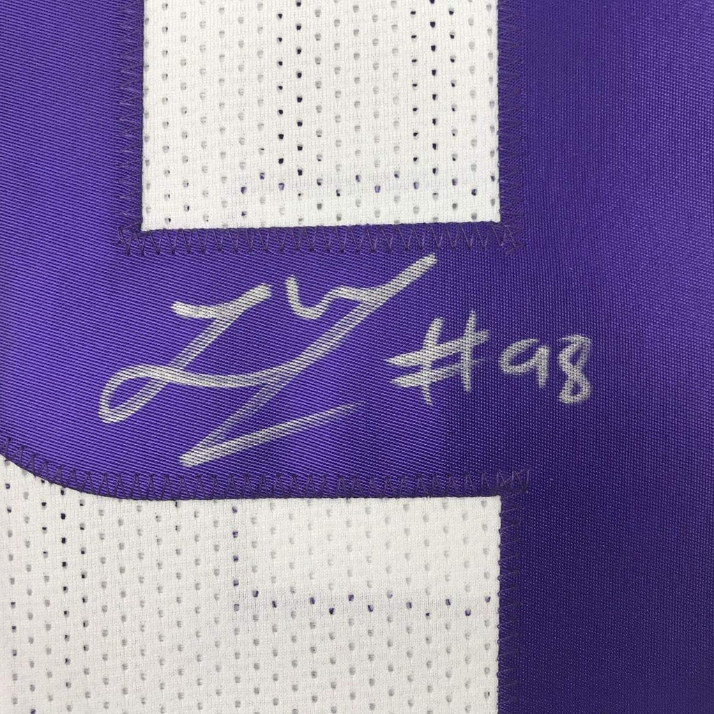 Framed Autographed/Signed Linval Joseph 35x39 Minnesota White Football Jersey JSA COA