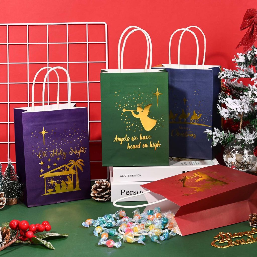 Bolsome 24Pcs Christmas Nativity Gift Bags Red Green Blue Gold Foil